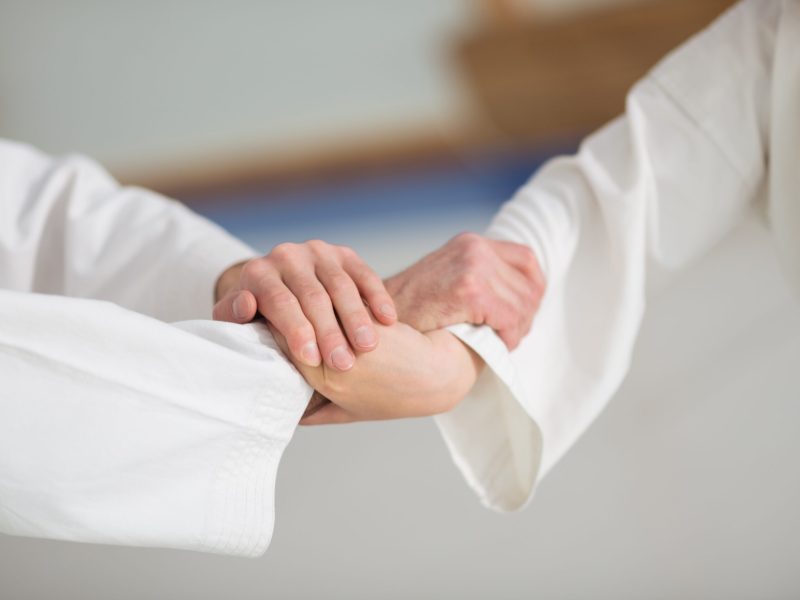 Before starting fight. Boy and his professional aikido teacher shaking hands before starting fight